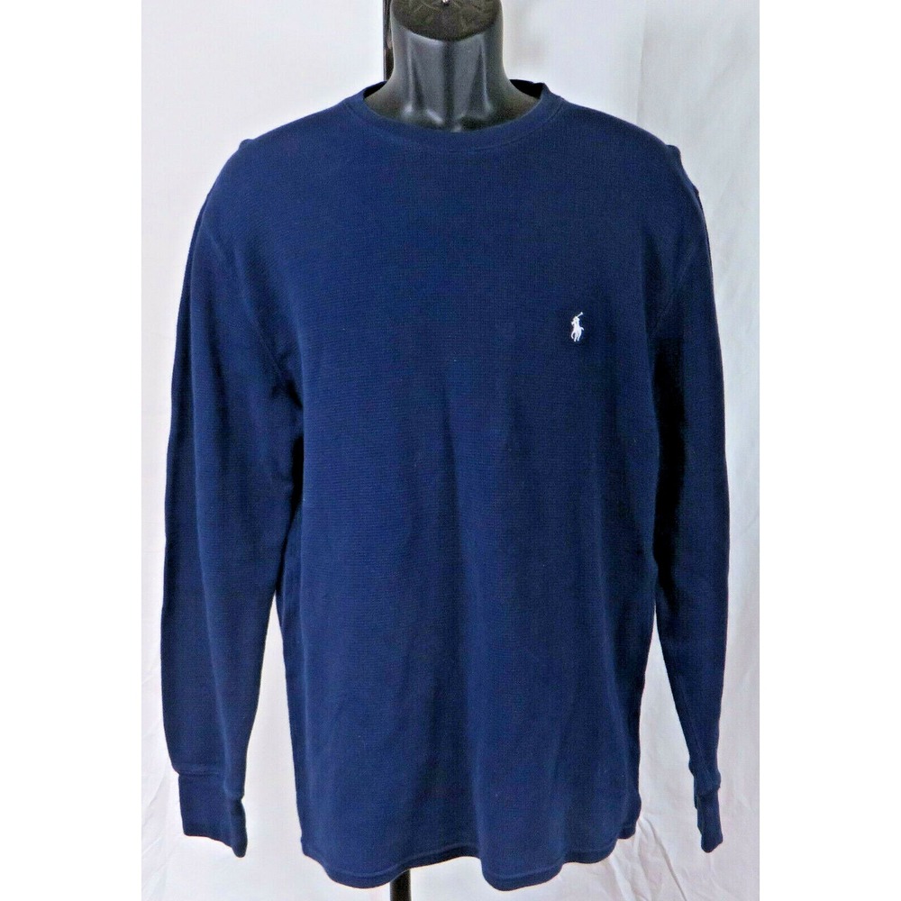 Mens Ralph Lauren Long Sleeve 100% Cotton Navy Blue Pullover Shirt Thermal XL